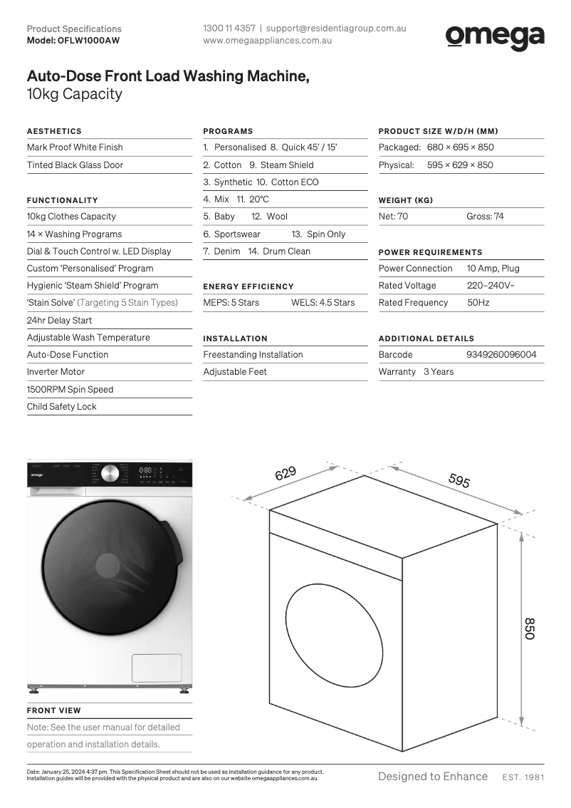 Page n°1 - Fiche technique Omega OFLW1000AW
