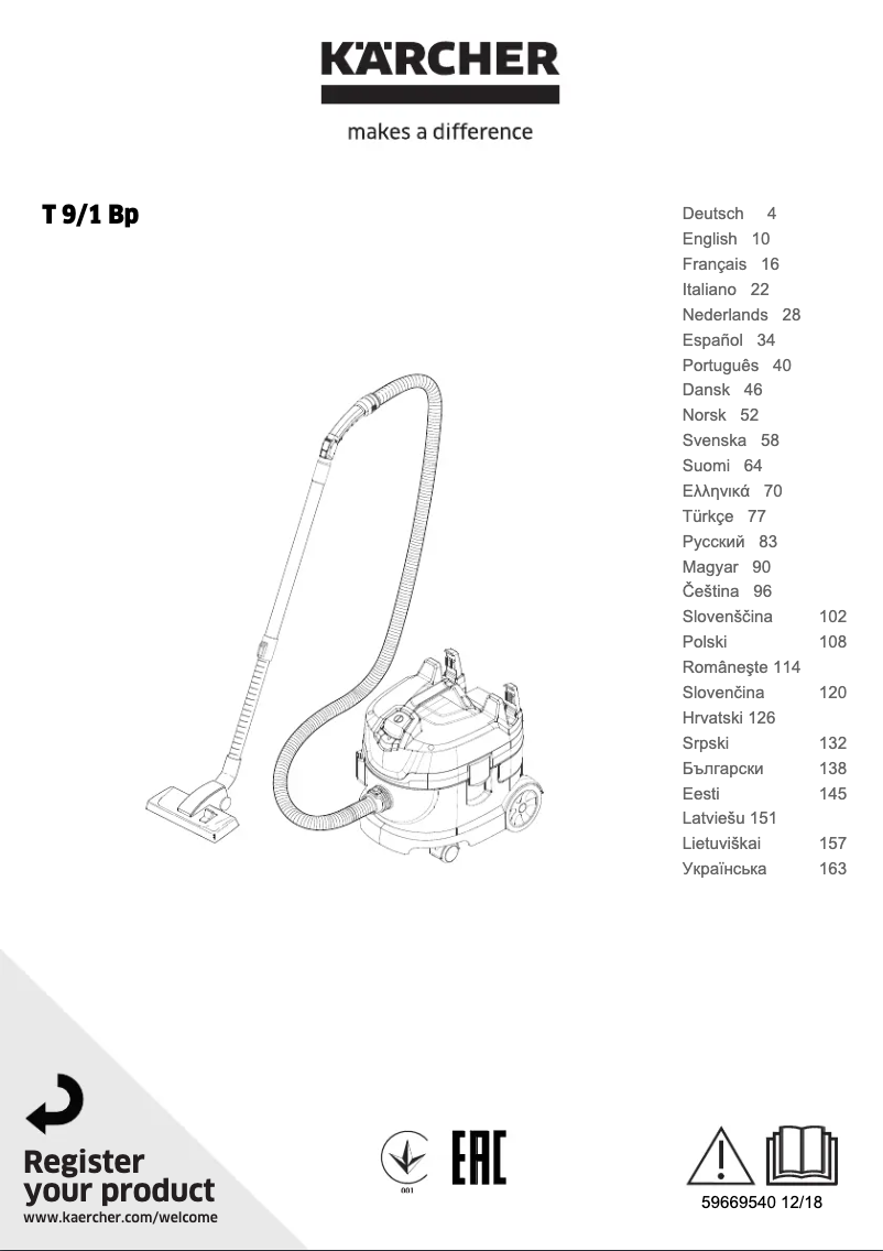 Page 1 de la notice Manuel utilisateur Kärcher T 9/1 Bp