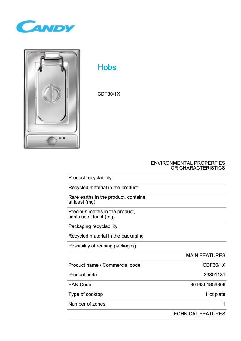 Page 1 de la notice Fiche technique Candy CDF30/1X