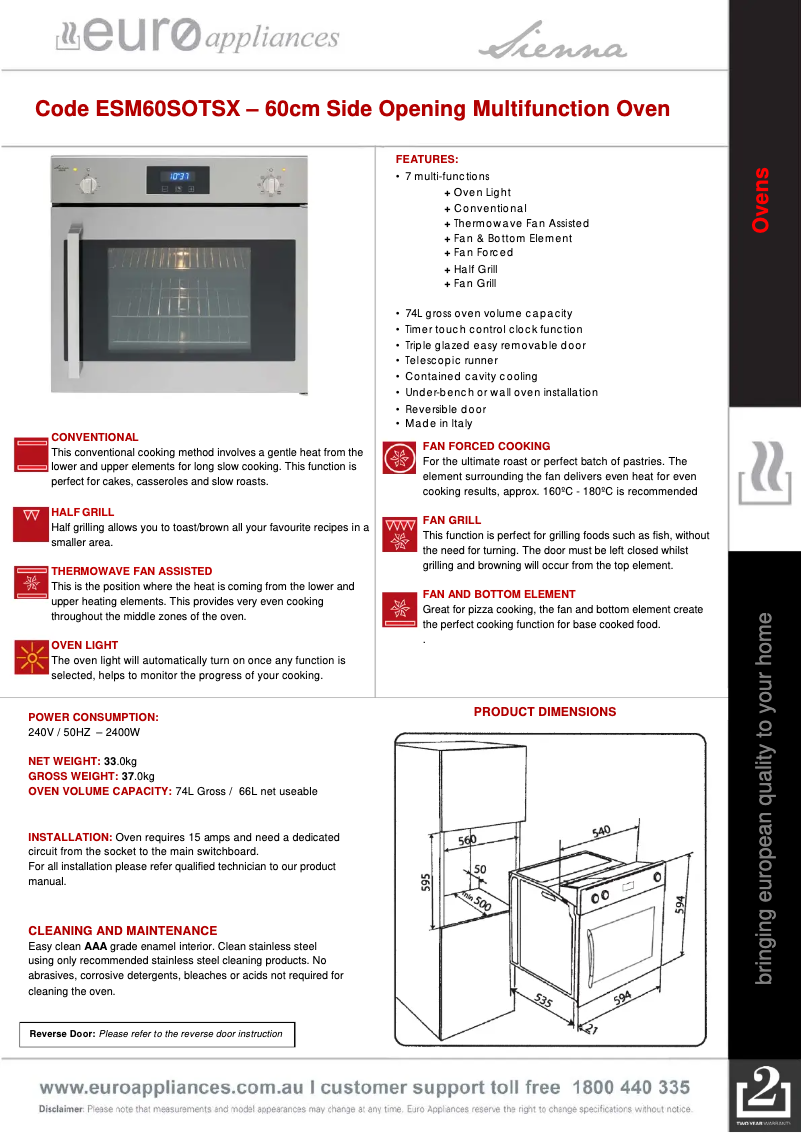 Page 1 de la notice Fiche technique Euro Appliances ESM60SOTSX