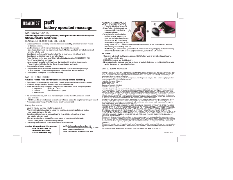 Page n°1 - Manuel utilisateur Homedics PM-PUFF