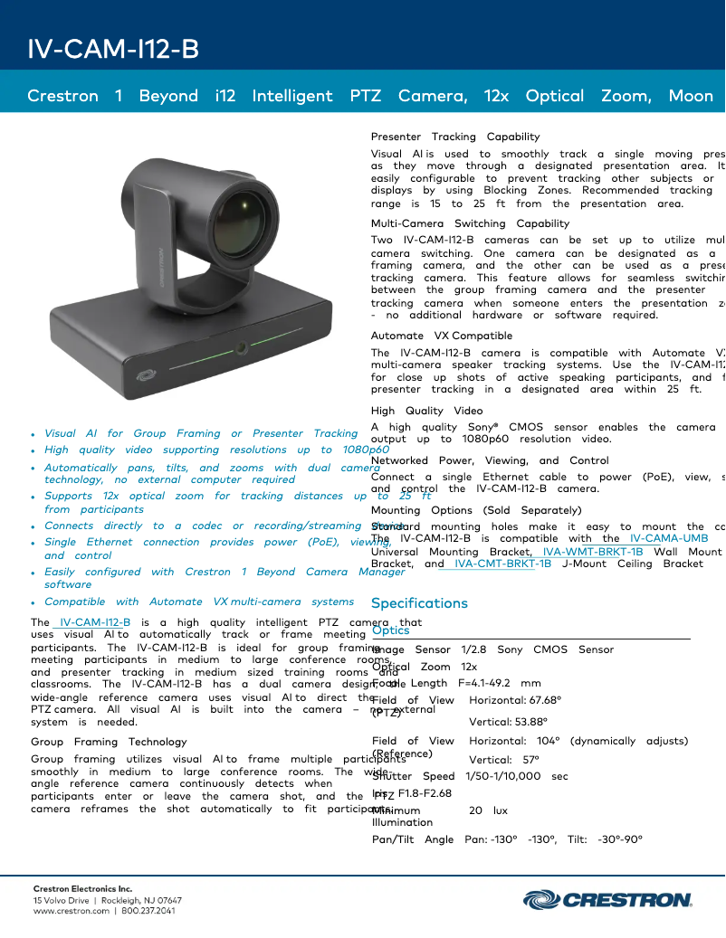 Page 1 de la notice Fiche technique Crestron IV-CAM-I12-B
