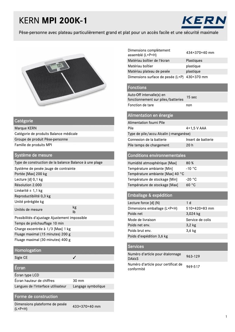 Page 1 de la notice Fiche technique Kern MPI 200K-1