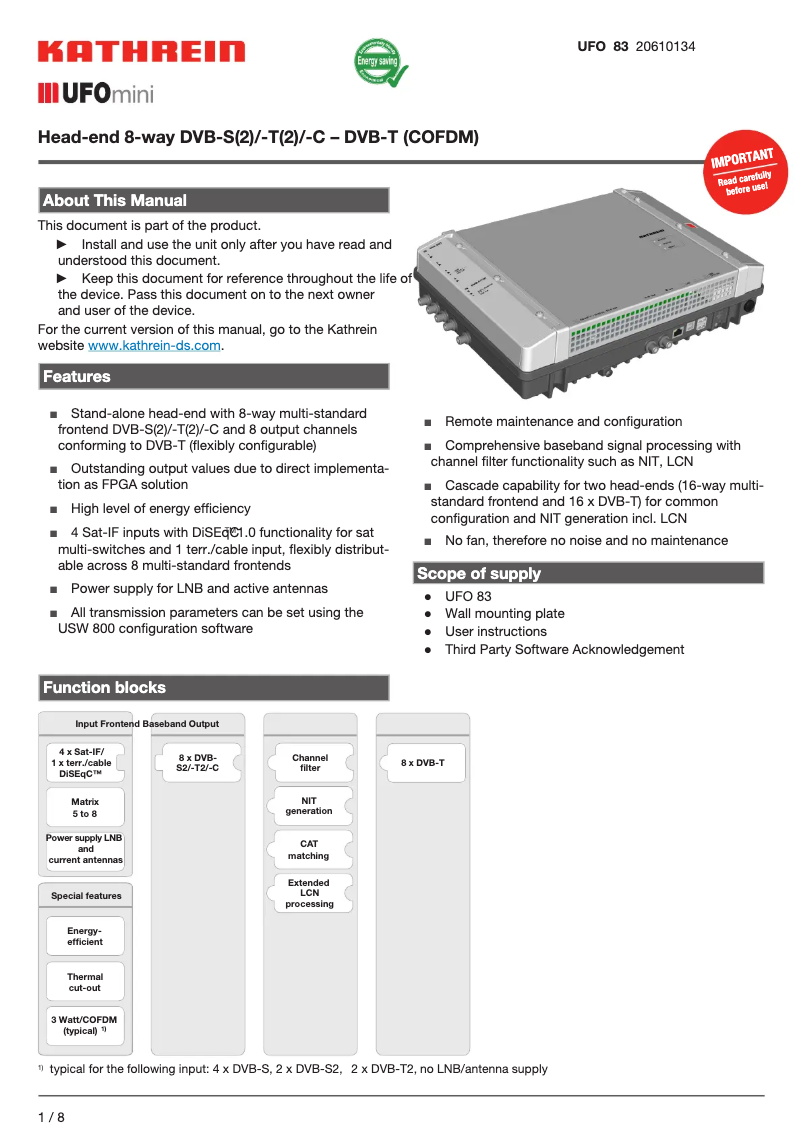 Page 1 de la notice Manuel utilisateur Kathrein UFO 83