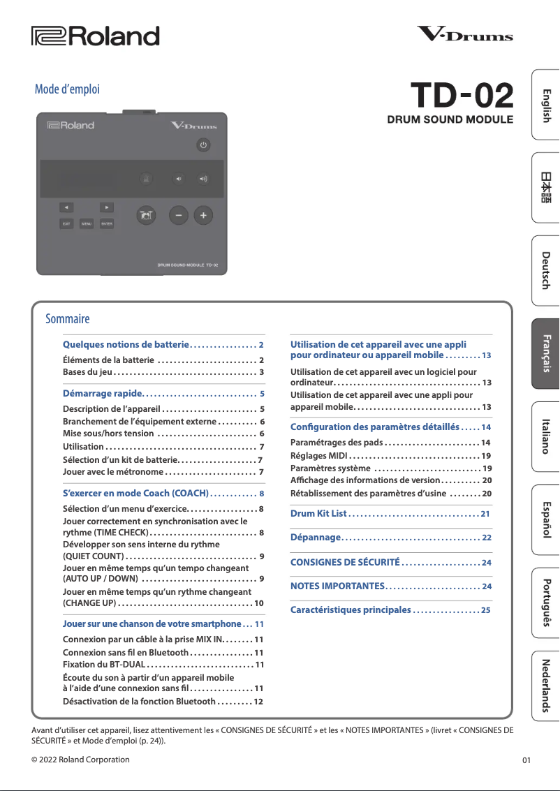 Page 1 de la notice Guide d'installation Roland V-Drums TD-02