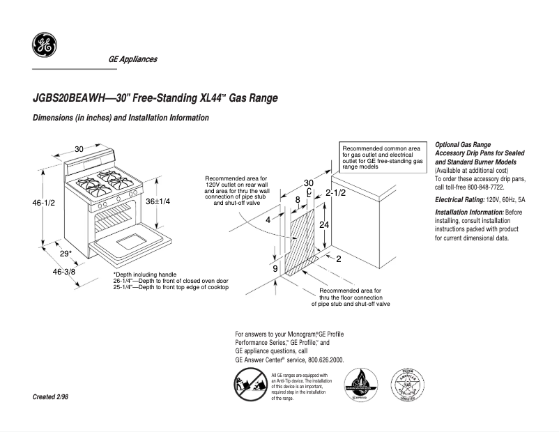 Page 1 de la notice Fiche technique GE JGBS20BEACT