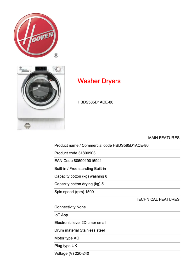 Page n°1 - Fiche technique Hoover H-WASH 300 LITE HBDS585D1ACE-80
