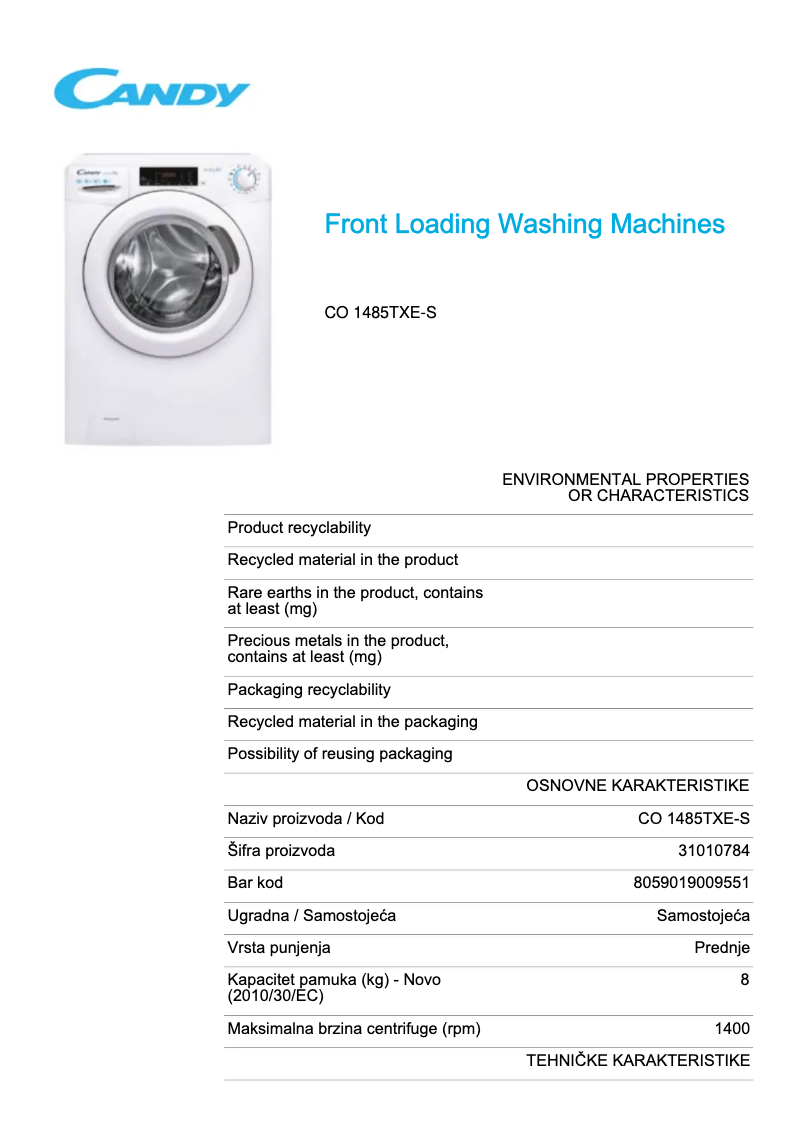 Page 1 de la notice Fiche technique Candy CO 1485TXE-S