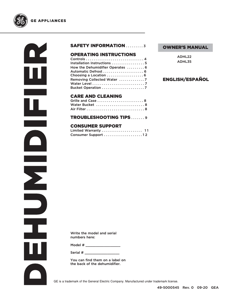 First page image of the manual for ADHL35LA