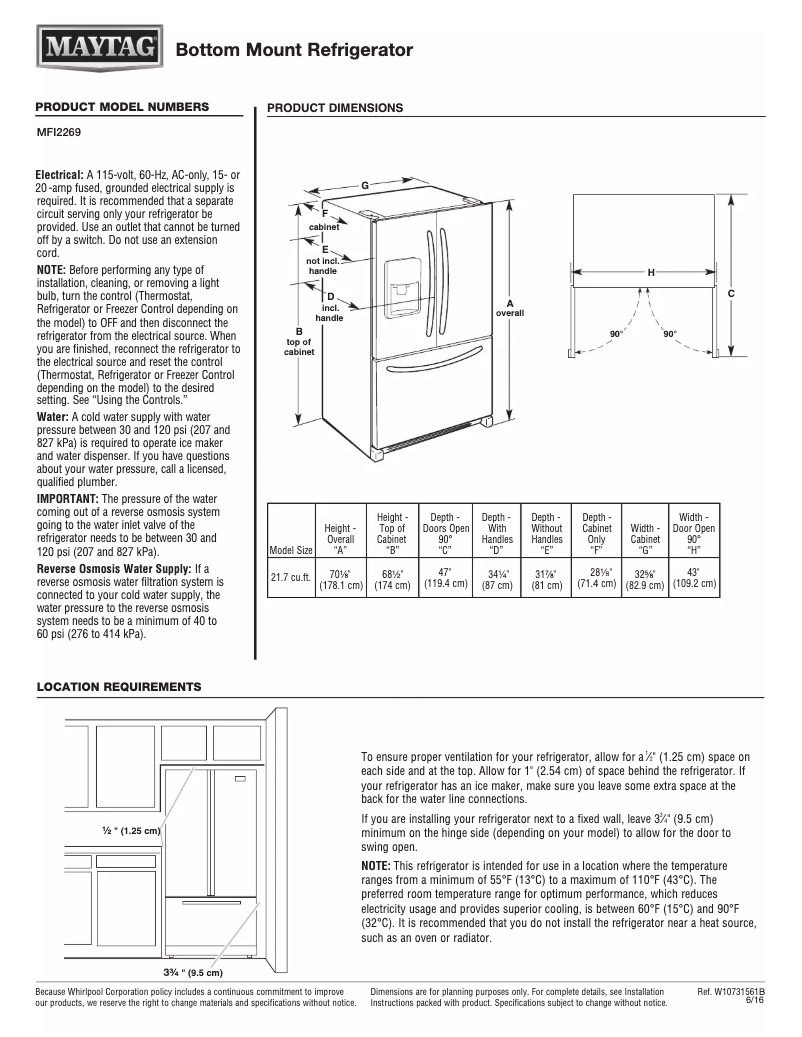 Page 1 de la notice Fiche technique Maytag MFI2269FR