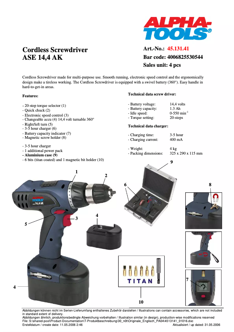 Page n°1 - Manuel utilisateur Alpha Tools ASE 14,4 AK