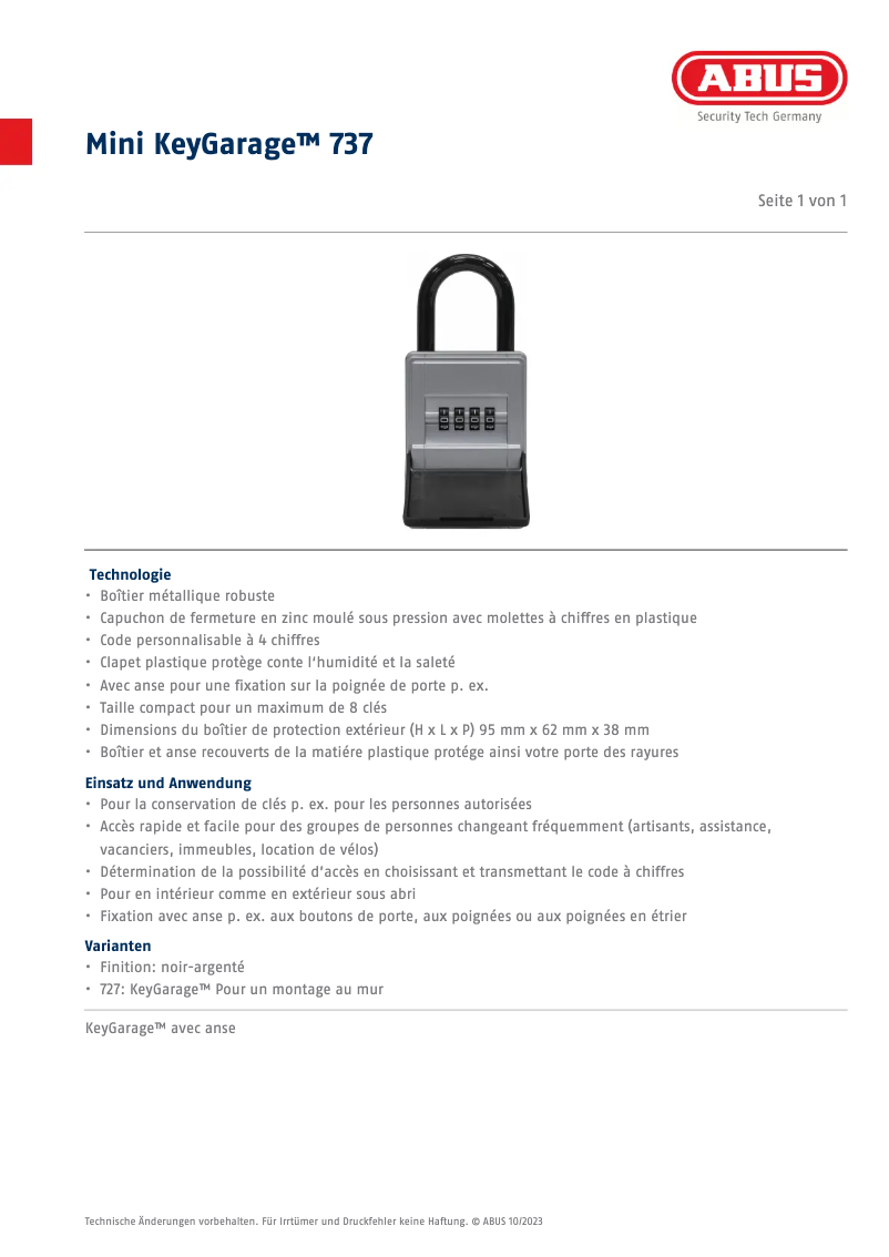 Page n°1 - Fiche technique Abus KeyGarage 737