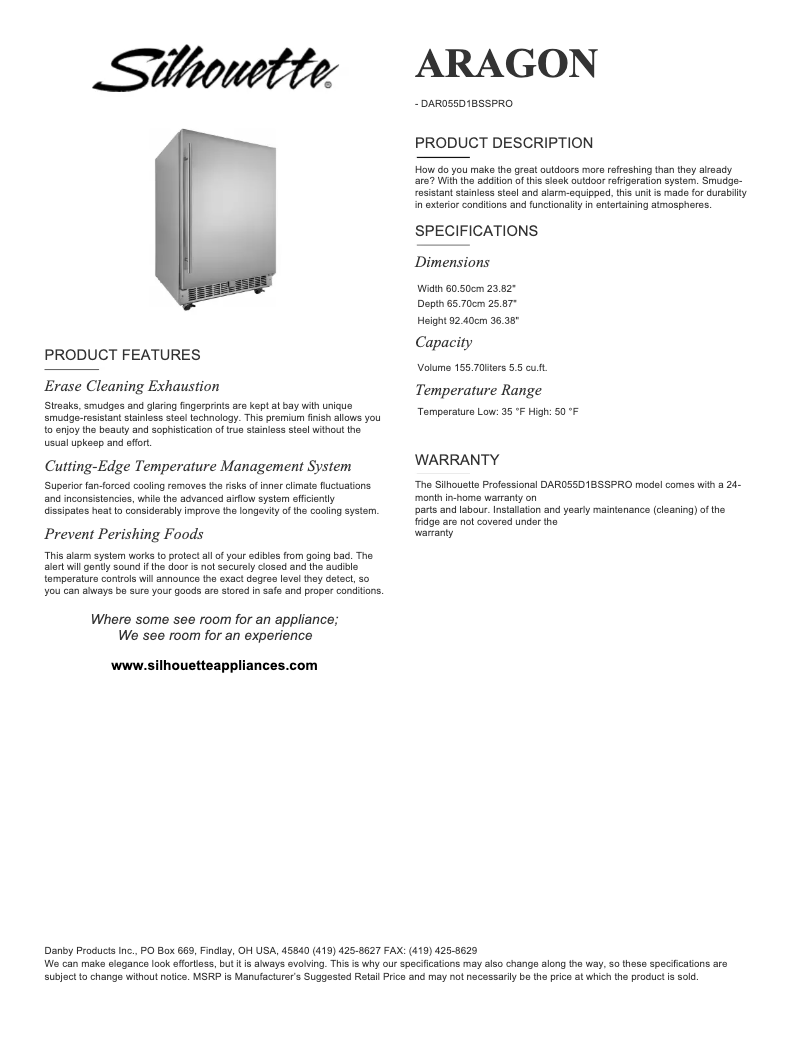 Página 1 del manual Ficha técnica Danby DAR055D1O