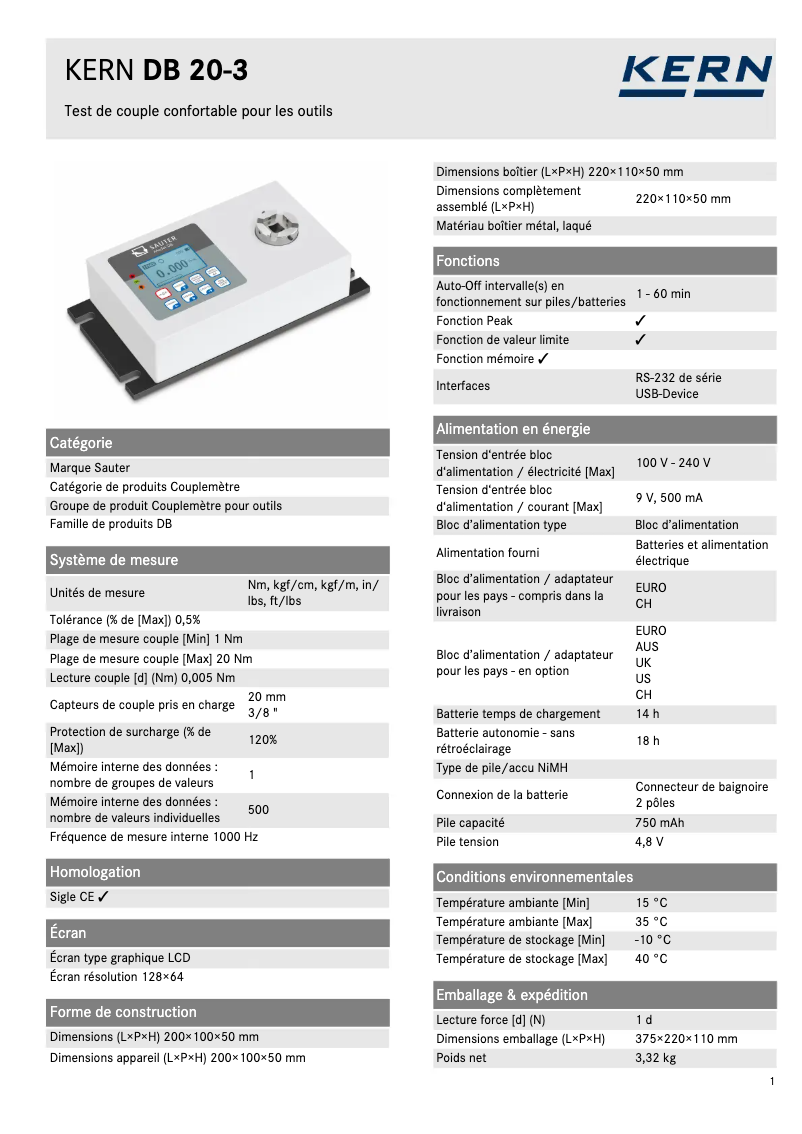 Page 1 de la notice Fiche technique Kern DB 20-3