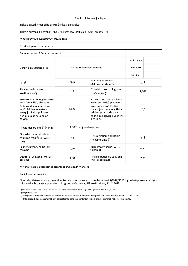 Page n°1 - Fiche technique Electrolux KEGB9300W