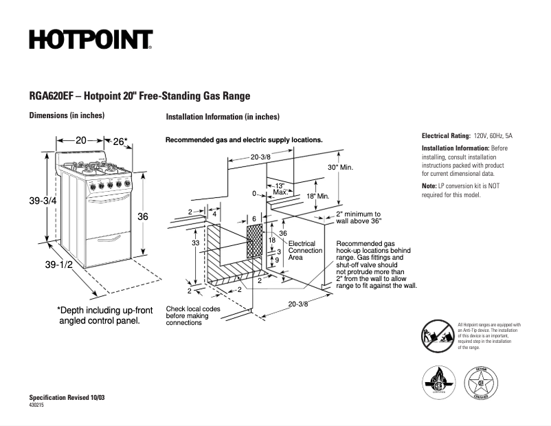 Page 1 de la notice Fiche technique Hotpoint RGA620EFWH