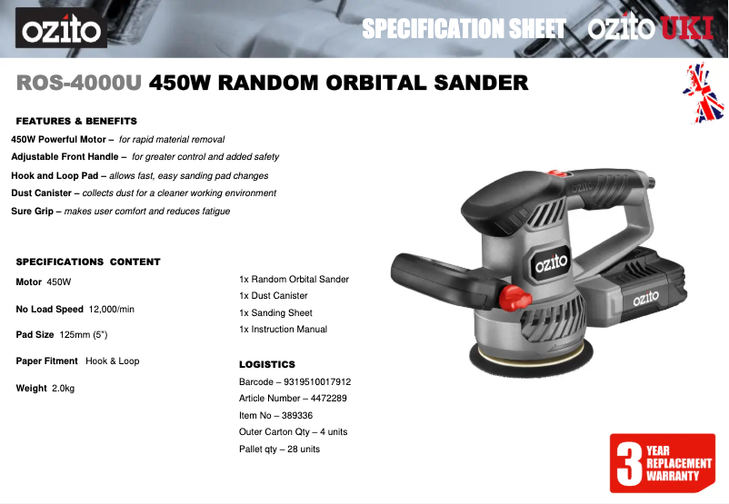 Page 1 de la notice Fiche technique Ozito ROS-4000U