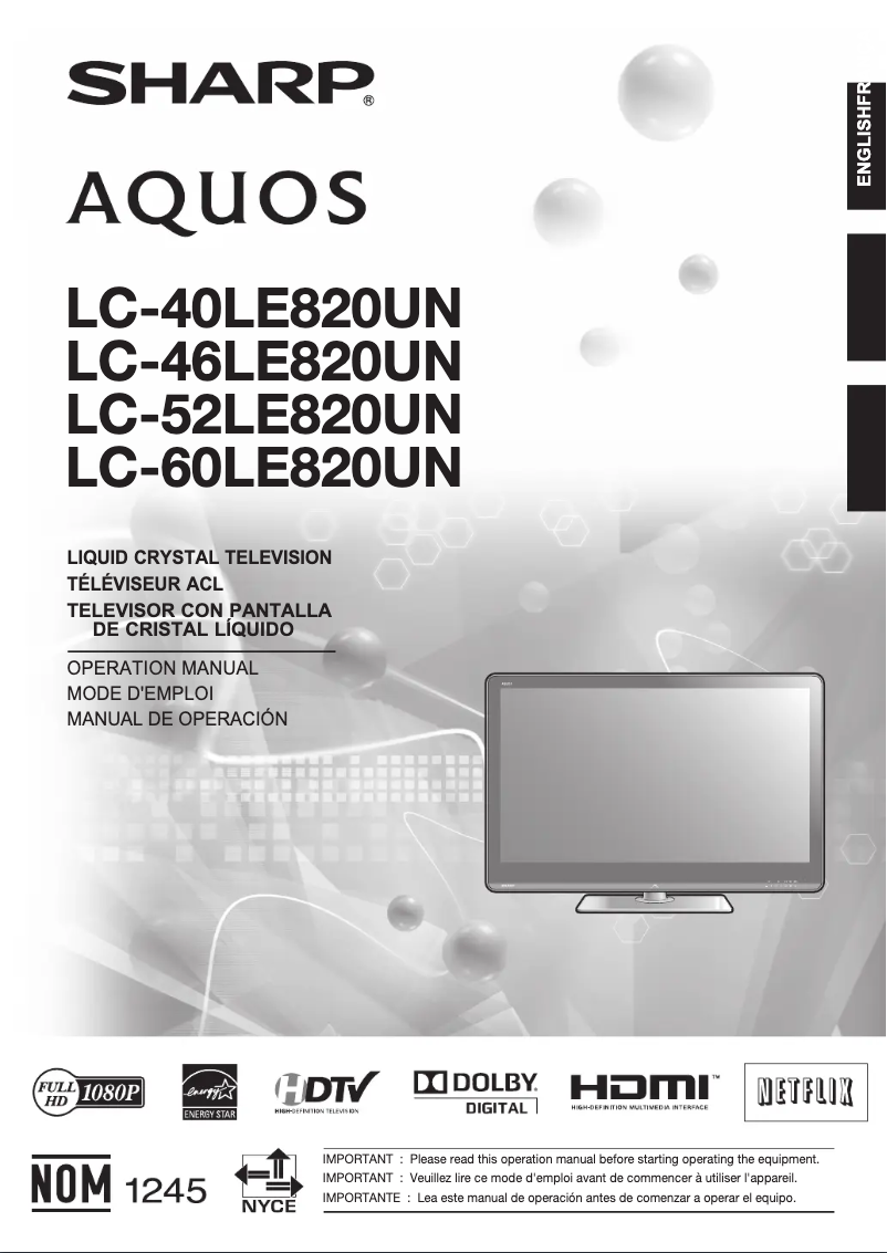 Image de la première page du manuel de l'appareil Aquos LC-60LE820UN