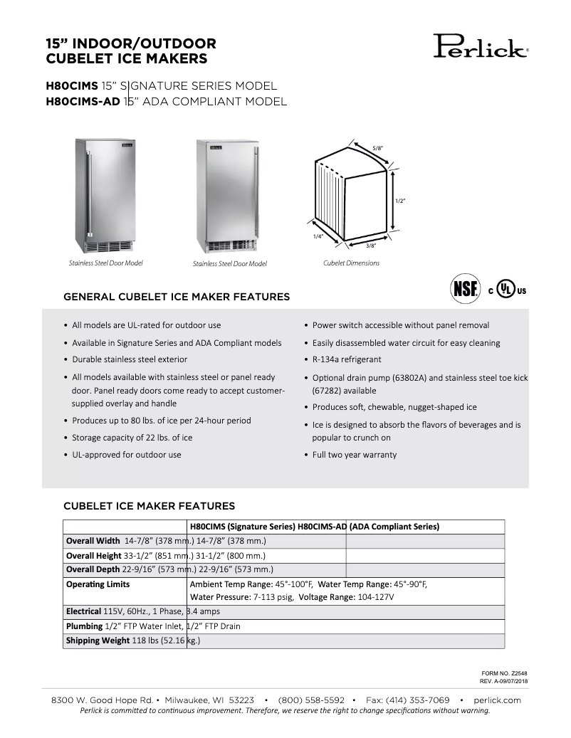 Page 1 de la notice Fiche technique Perlick H80CIMW