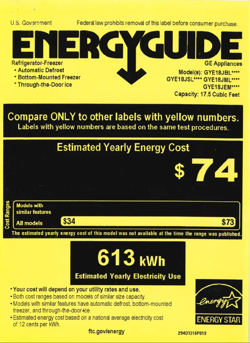 Page 1 de la notice Label énergétique GE GYE18JBLTS