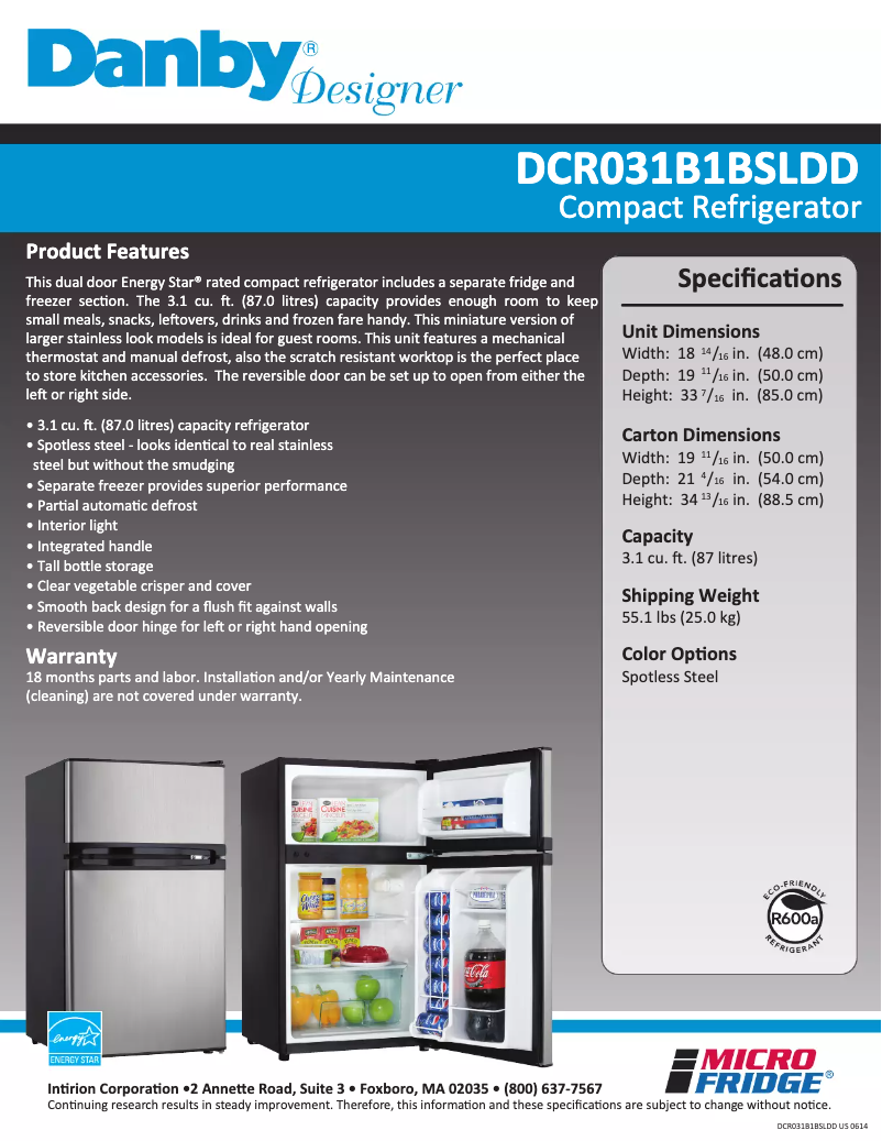 Página 1 del manual Ficha técnica Danby DCR031B1BSLDD