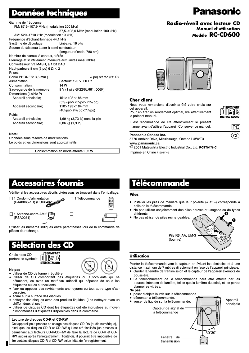 Page 1 de la notice Manuel utilisateur Panasonic RC-CD600