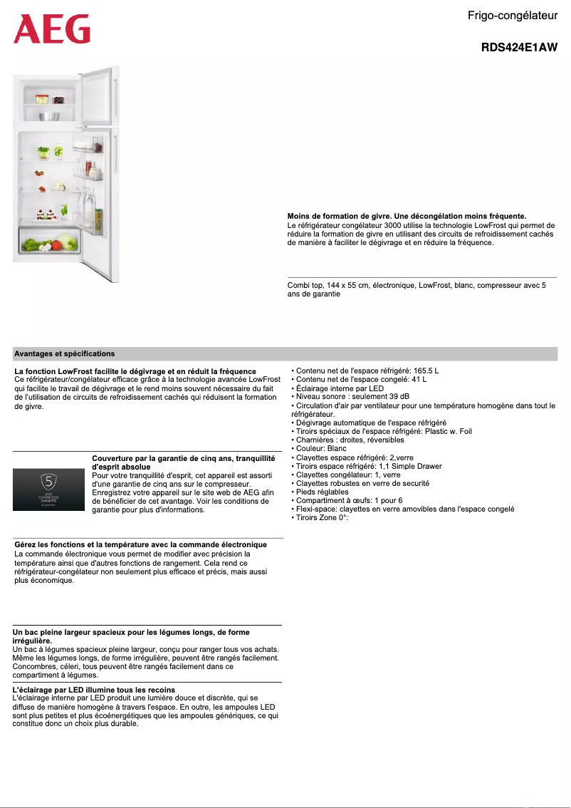 Page 1 de la notice Fiche technique AEG RDS424E1AW