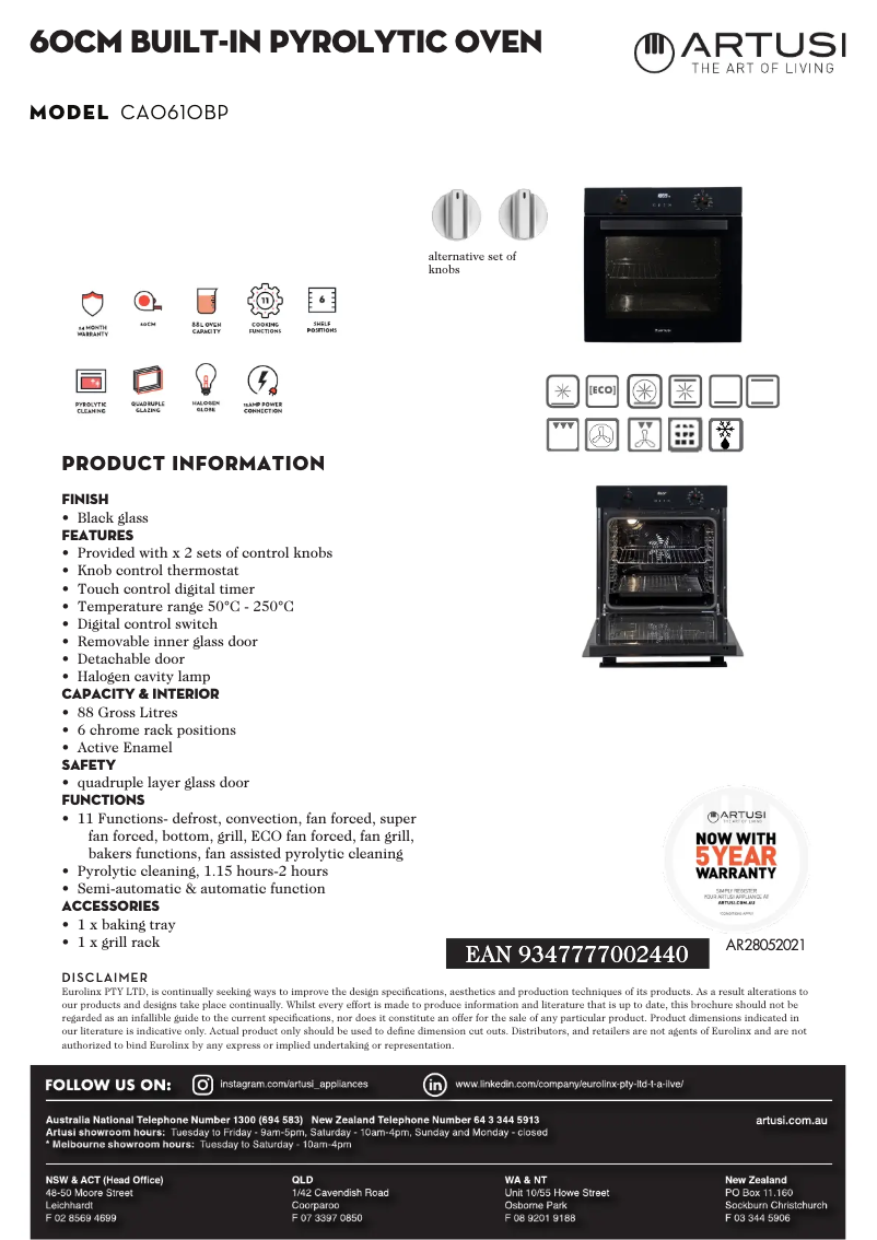 Page 1 de la notice Fiche technique Artusi CAO610BP