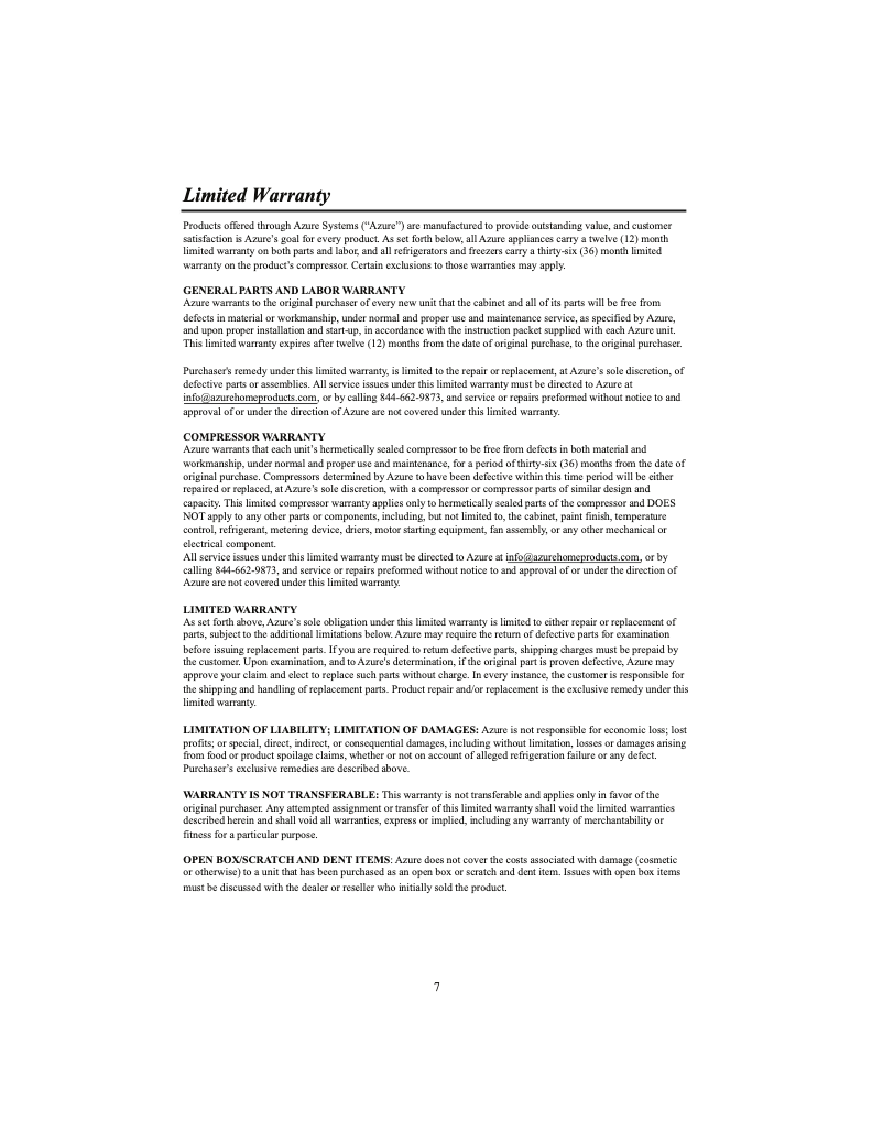 Page n°1 - Informations de garantie Azure A224R-S