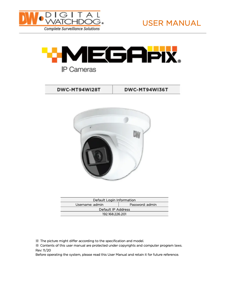 Image de la première page du manuel de l'appareil MegaPix DWC-MT94Wi36T