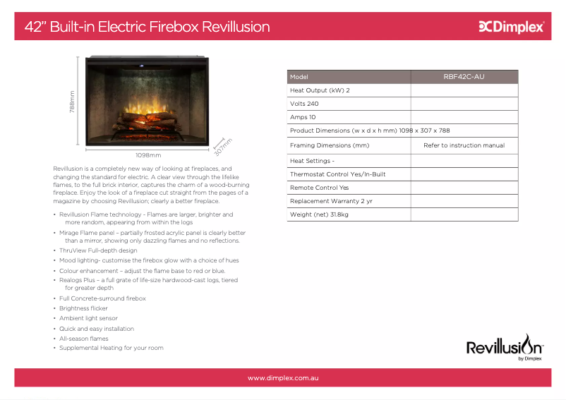 Page n°1 - Fiche technique Dimplex Revillusion RBF42C-AU