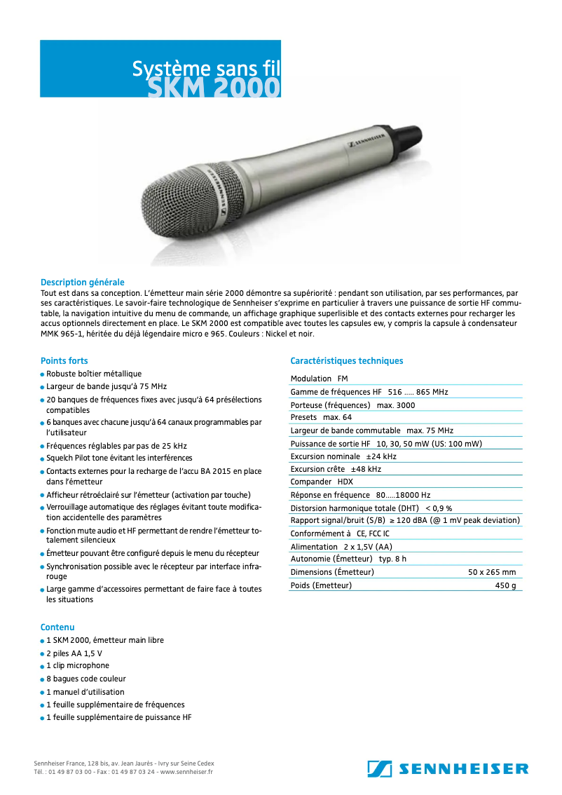 Page 1 de la notice Fiche technique Sennheiser SKM 2000