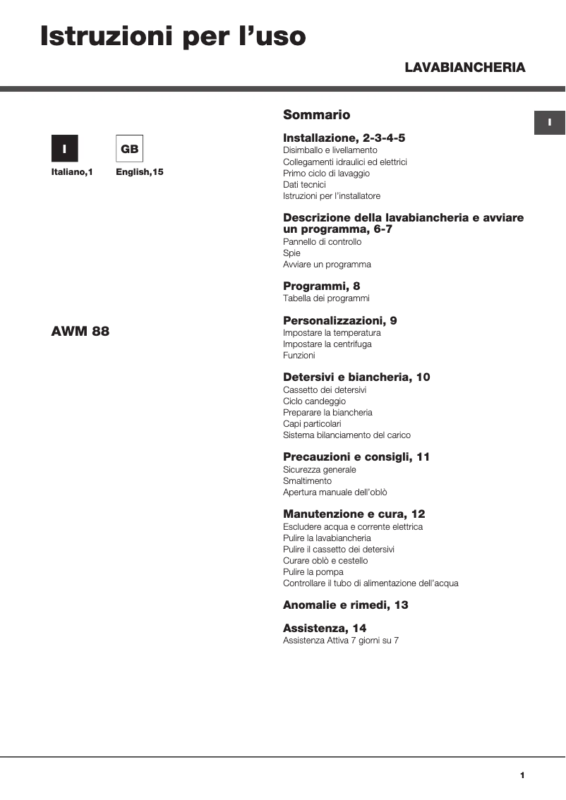 Page 1 de la notice Manuel utilisateur Hotpoint Ariston AWM 88