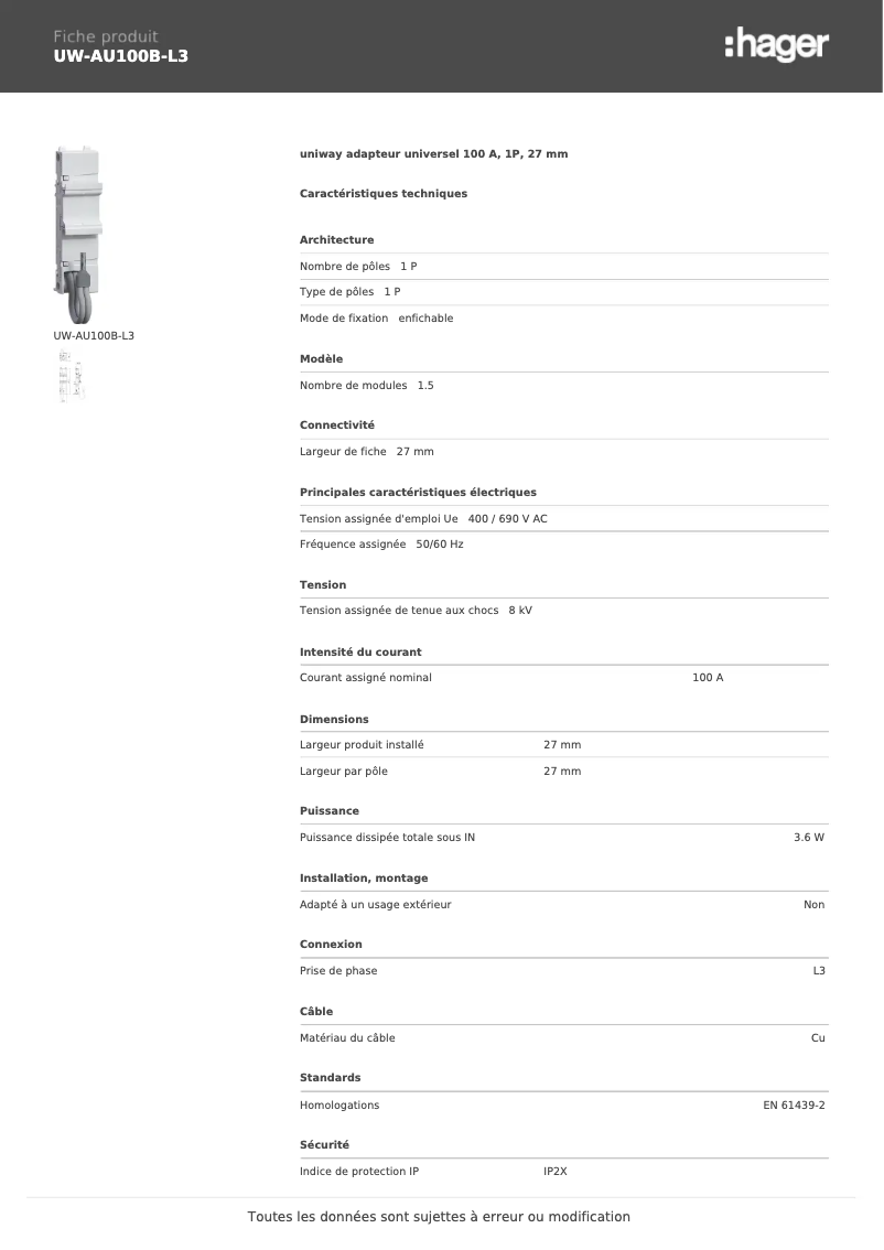 Image de la première page du manuel de l'appareil UW-AU100B-L3