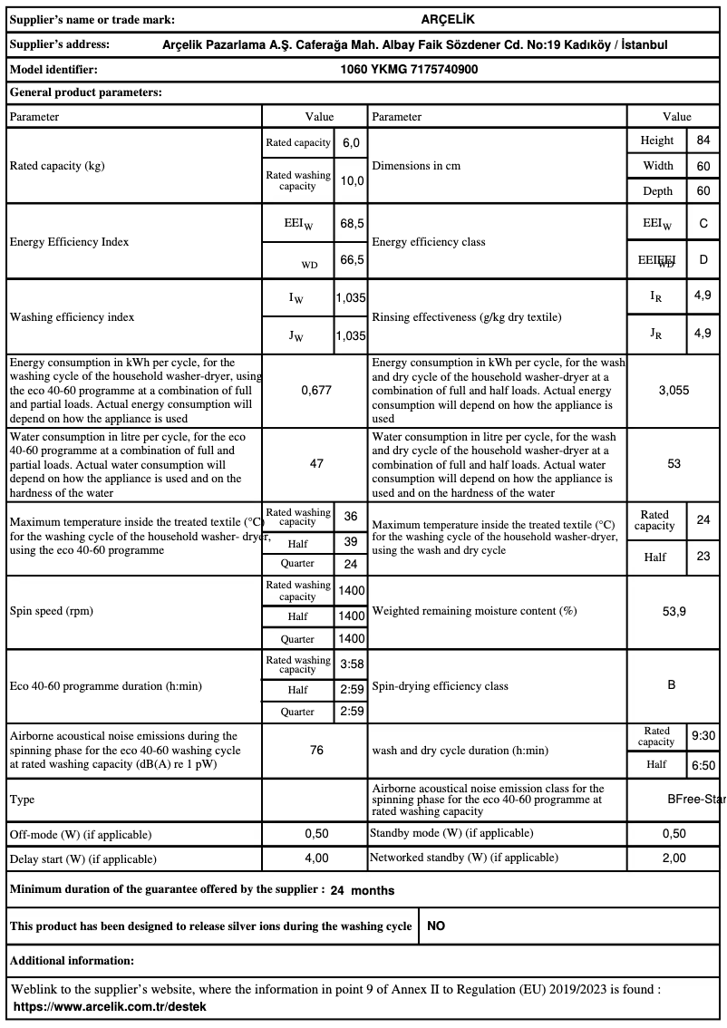 Page 1 de la notice Fiche technique Arçelik 1060 YKMG