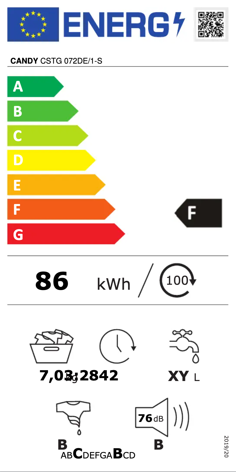 Page 1 de la notice Label énergétique Candy CSTG 072DE/1-S