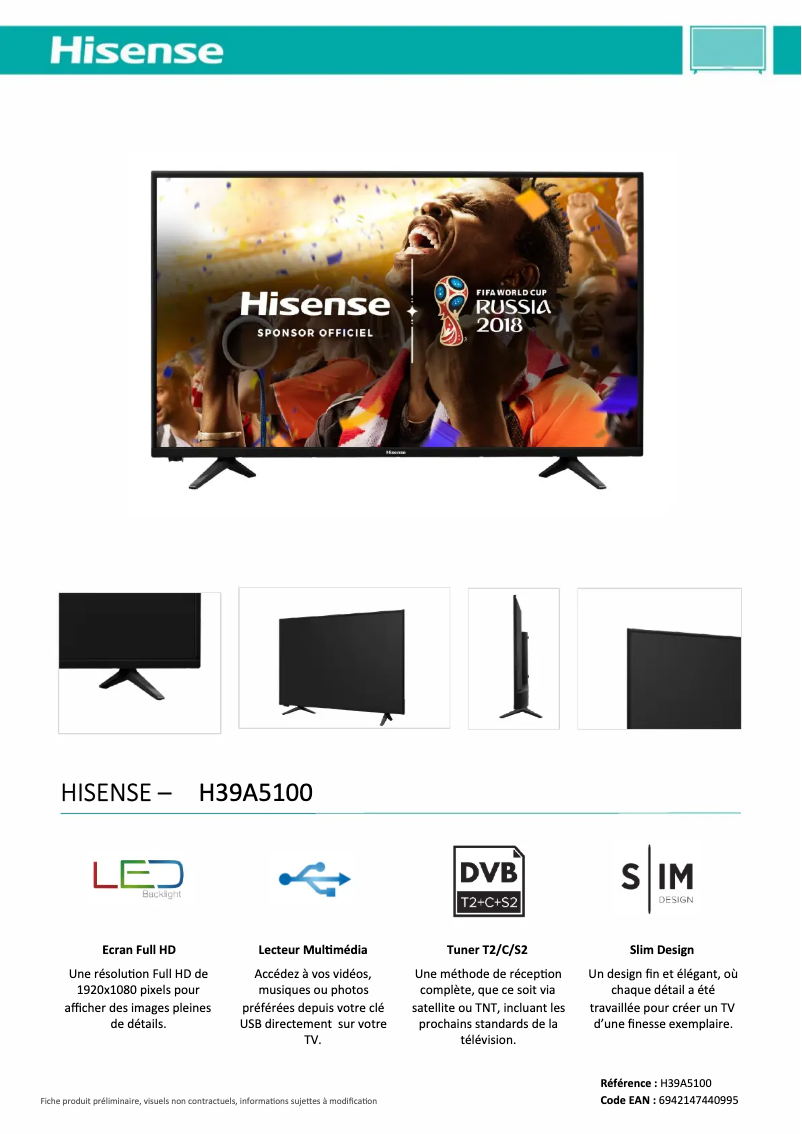 Page n°1 - Fiche technique Hisense H39A5100