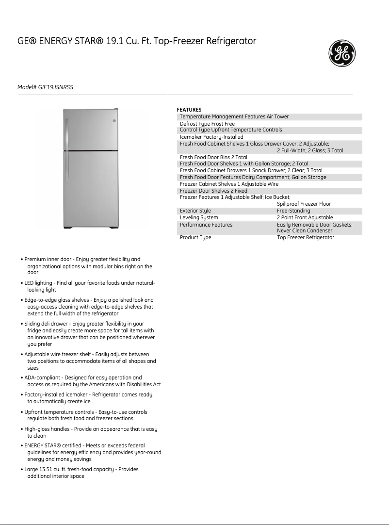 Page 1 de la notice Fiche technique GE GIE19JSNRSS