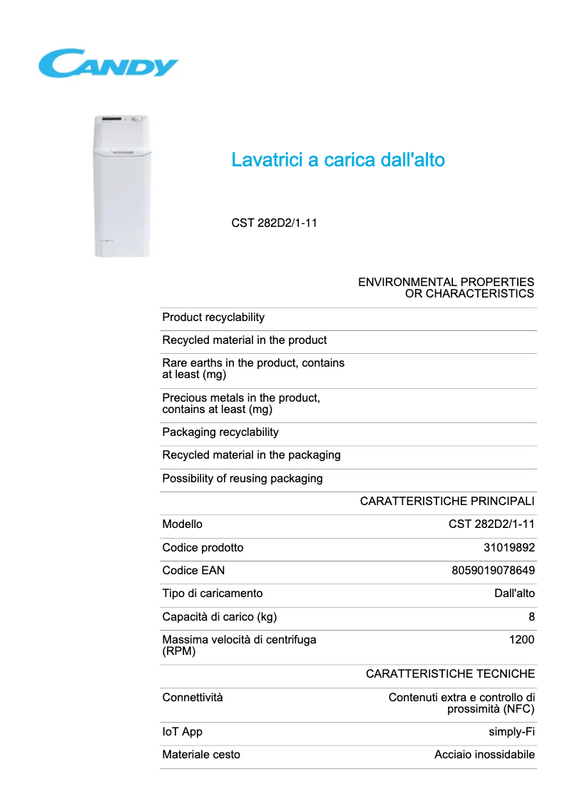 Page 1 de la notice Fiche technique Candy CST 282D2/1-11