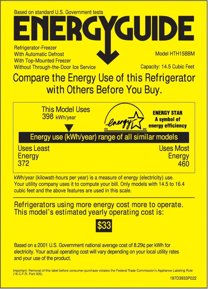 Page 1 de la notice Label énergétique Hotpoint HTH15BBMLWW