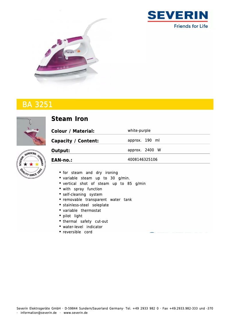 Page 1 de la notice Fiche technique Severin BA 3251