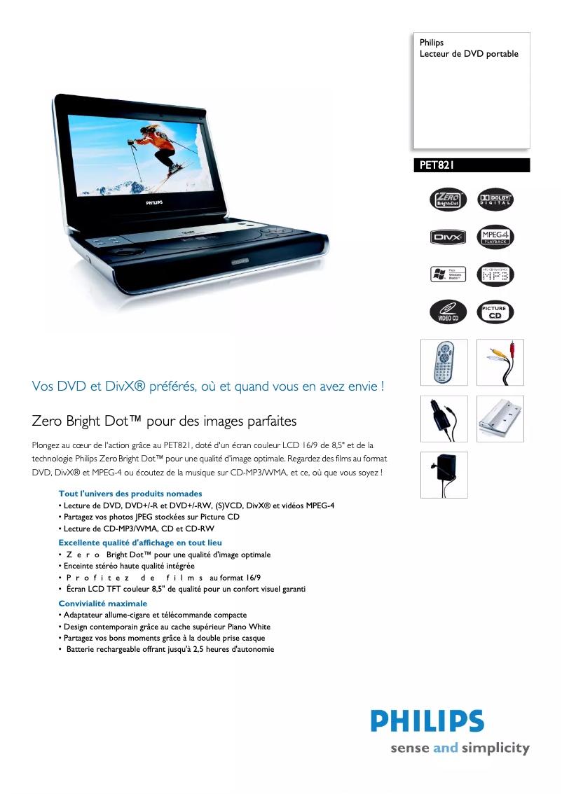 Page 1 de la notice Fiche technique Philips PET821