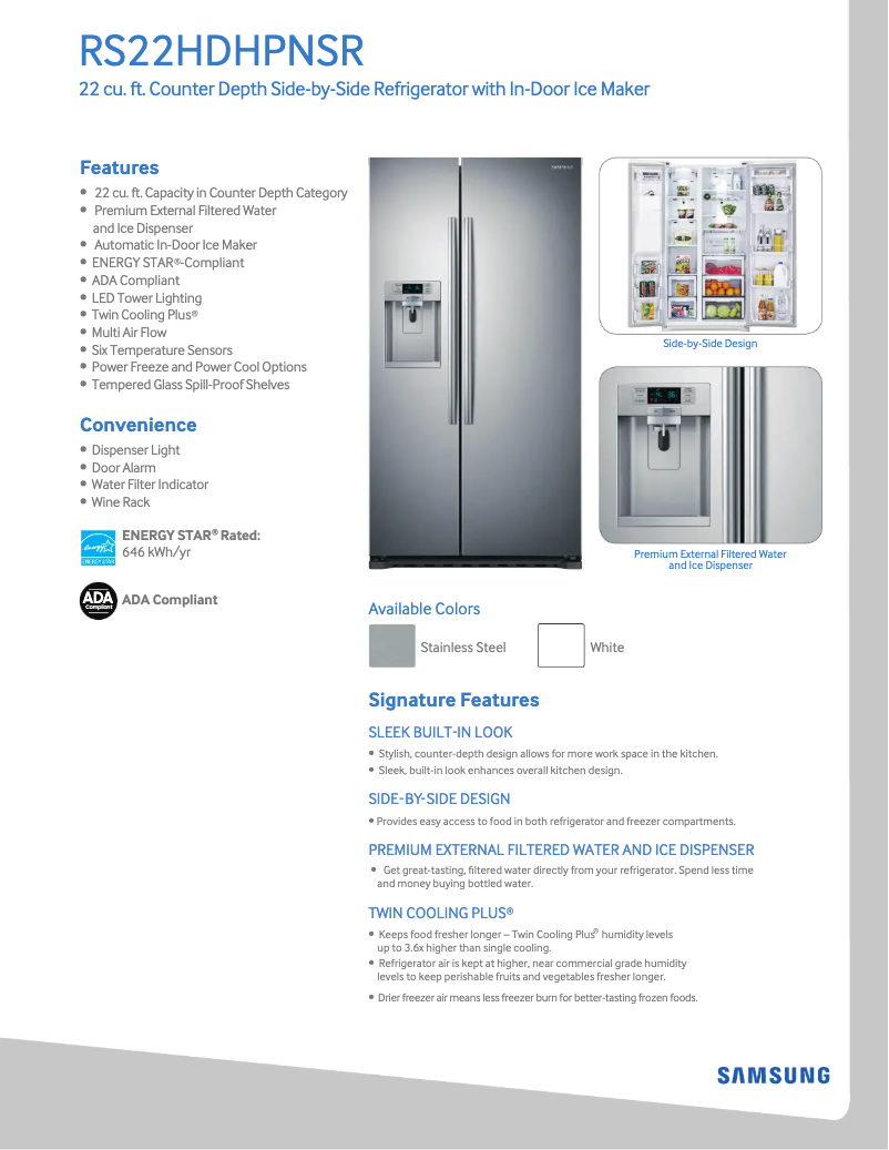 Page 1 de la notice Fiche technique Samsung RS22HDHPN