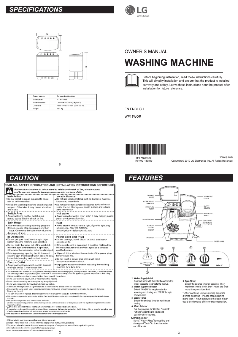 Page 1 de la notice Manuel utilisateur LG WP11WOR