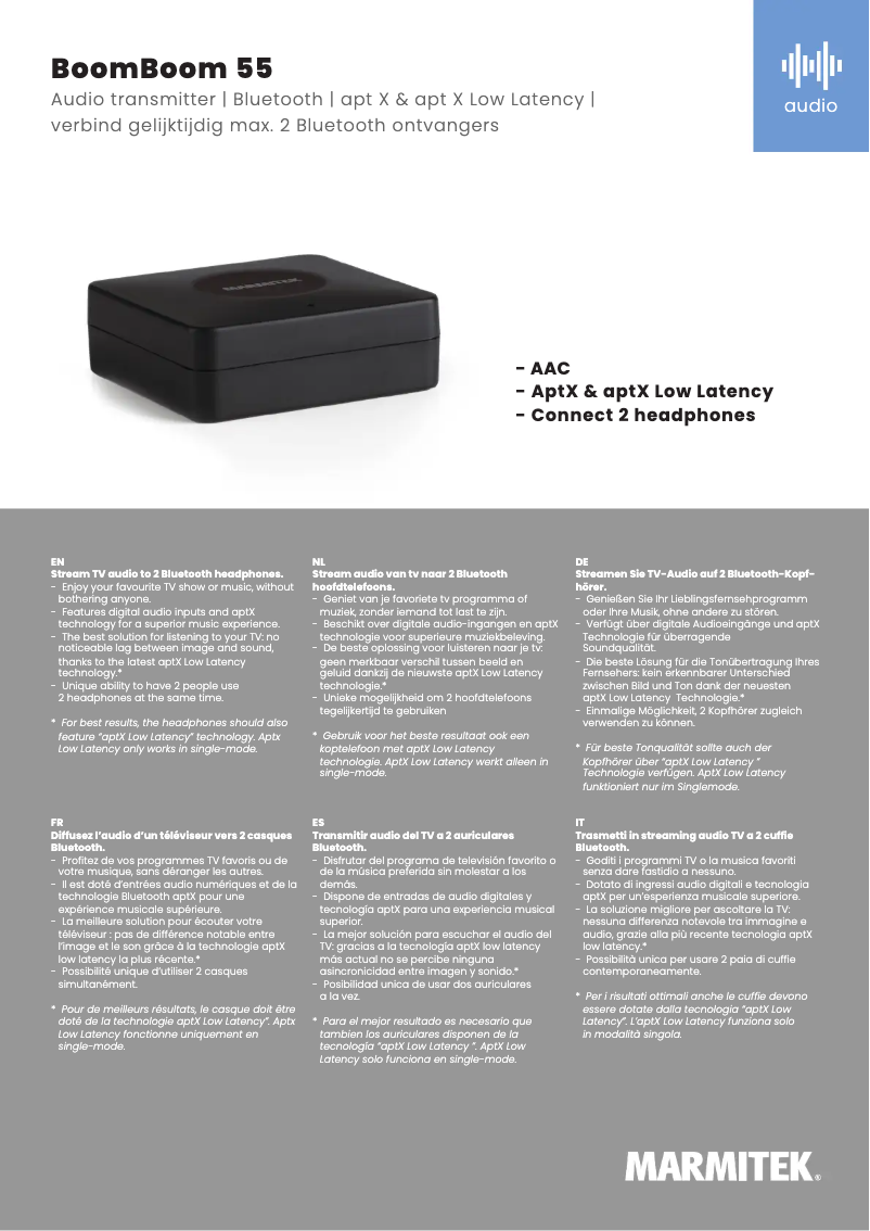 Page 1 de la notice Fiche technique Marmitek BoomBoom 55