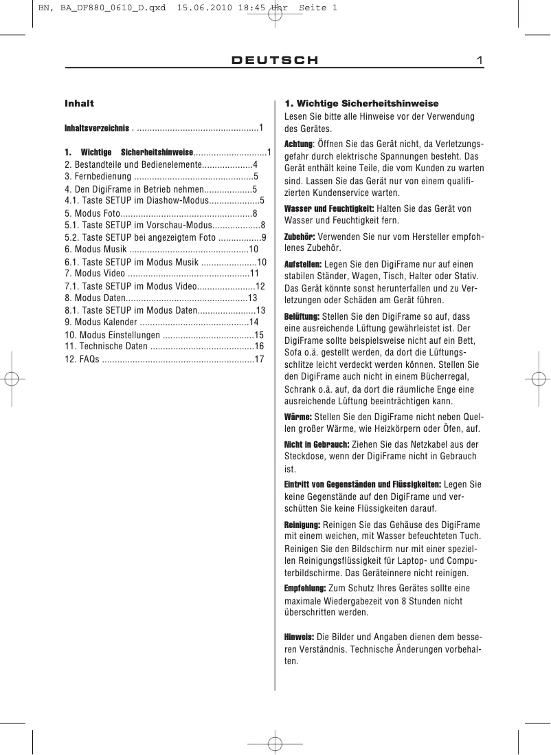 Page 1 de la notice Manuel utilisateur Braun Digiframe 880