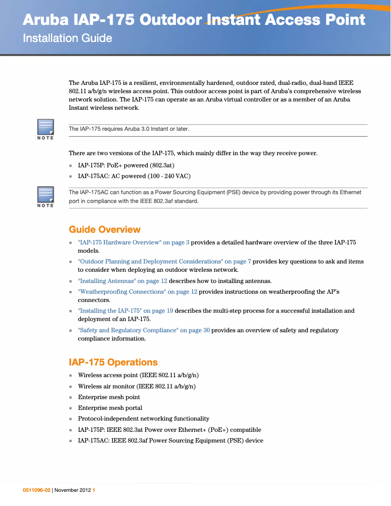 Page n°1 - Manuel utilisateur Aruba Instant IAP-175