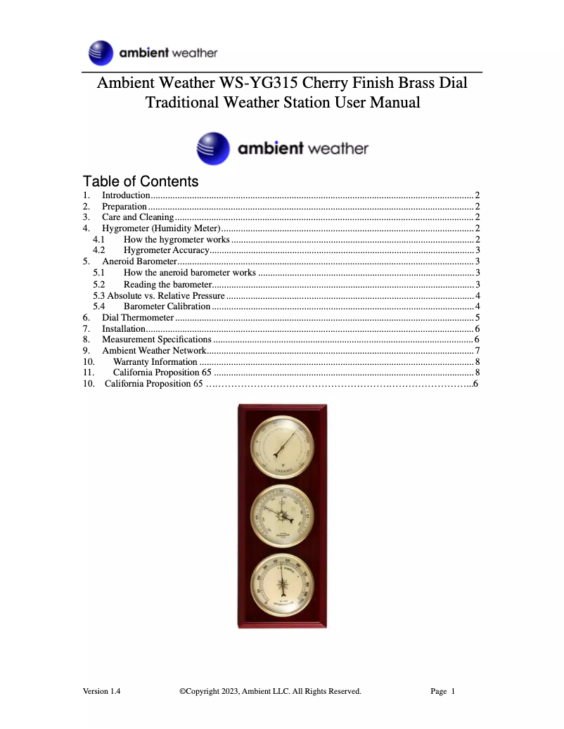 Page n°1 - Manuel utilisateur Ambient Weather WS-YG315