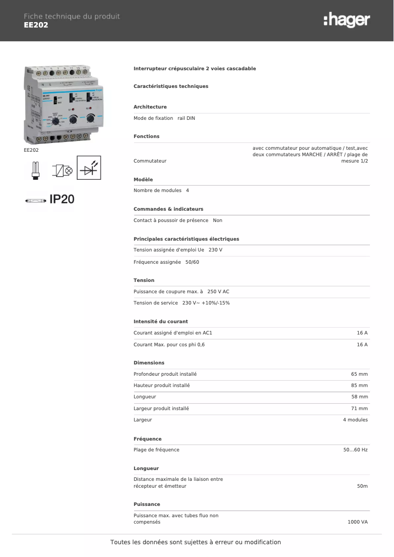 Page n°1 - Fiche technique Hager EE202