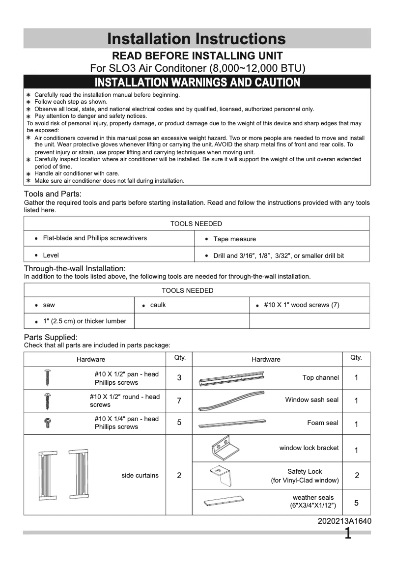 Page n°1 - Guide d'installation Frigidaire FFRH1122UE